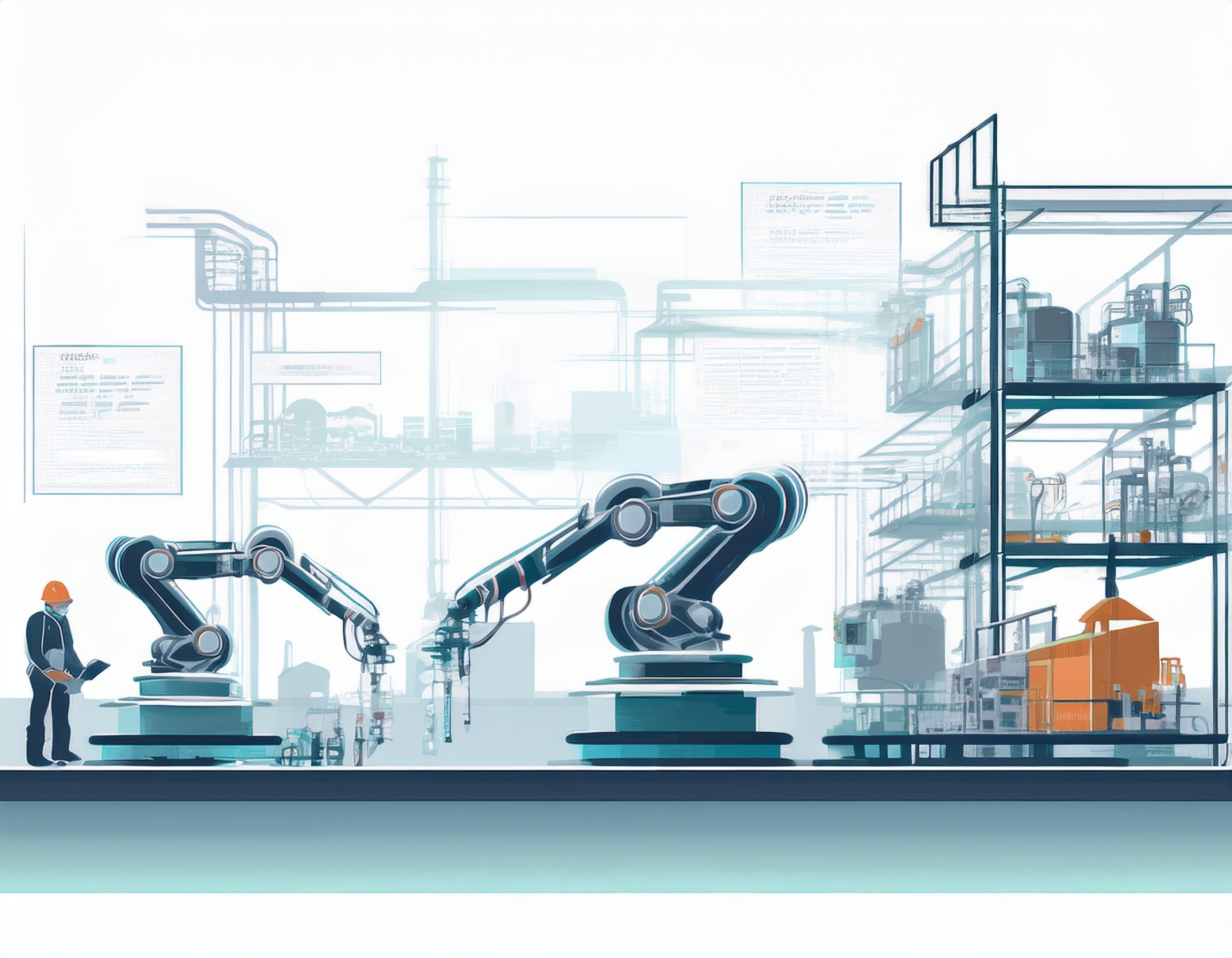 Modern industrial facility showcasing integrated robotic systems including cobots, mobile manipulators, and AI-powered automation working alongside human operators