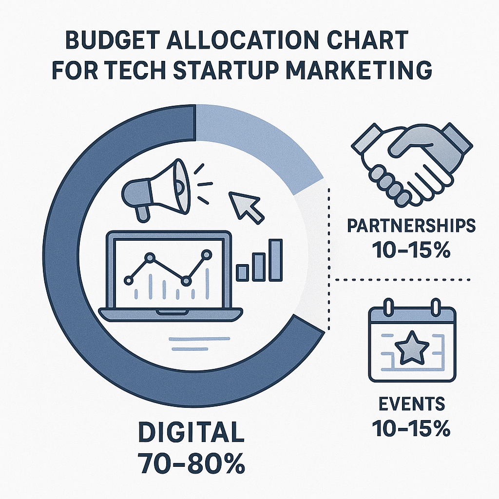 Visual chart showing recommended 70-80% digital, 10-15% partnerships, and 10-15% events marketing budget distribution
