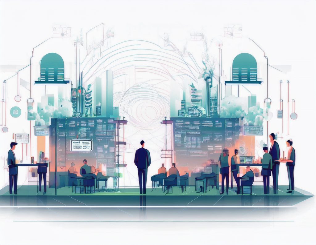 Tech startup exhibiting at hybrid industry event with digital displays, AR demonstrations, and QR code integration