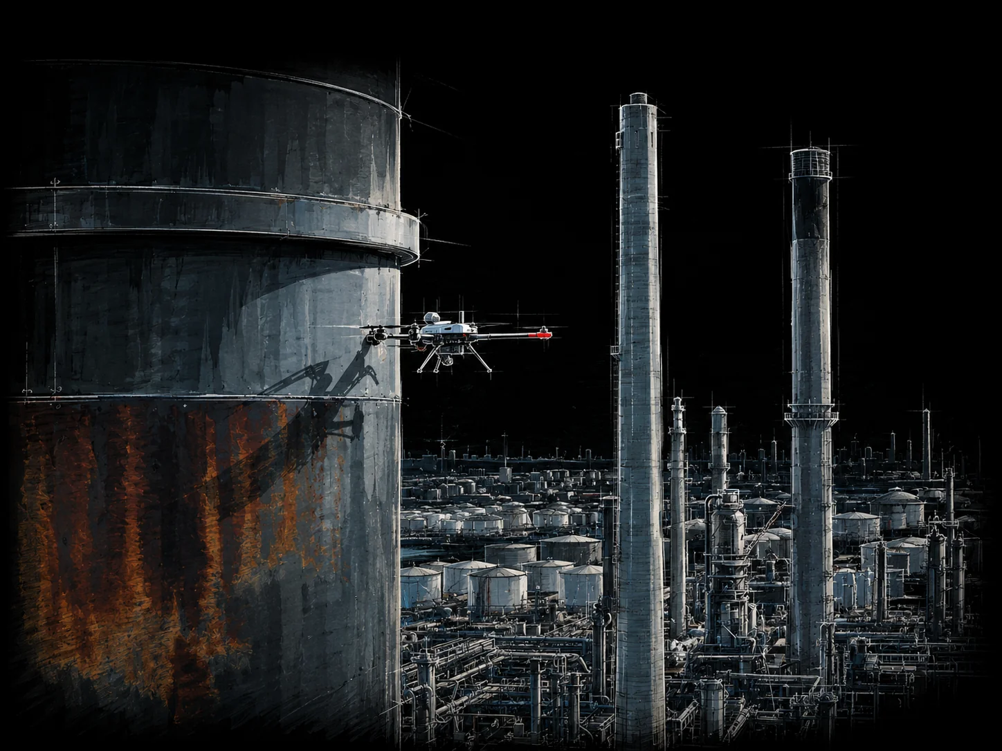 Inspection drone at a corroded chimney stack above a refinery