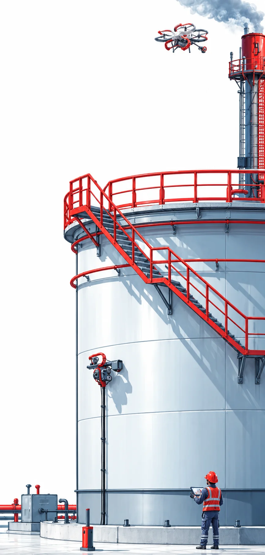Technician at the foot of a storage tank while a drone inspects the flare stack above