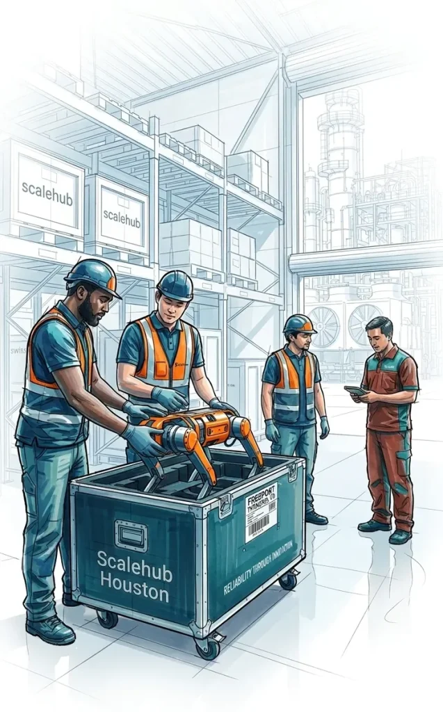 8scale team deploying an inspection robot from a Scalehub Houston case at an industrial site