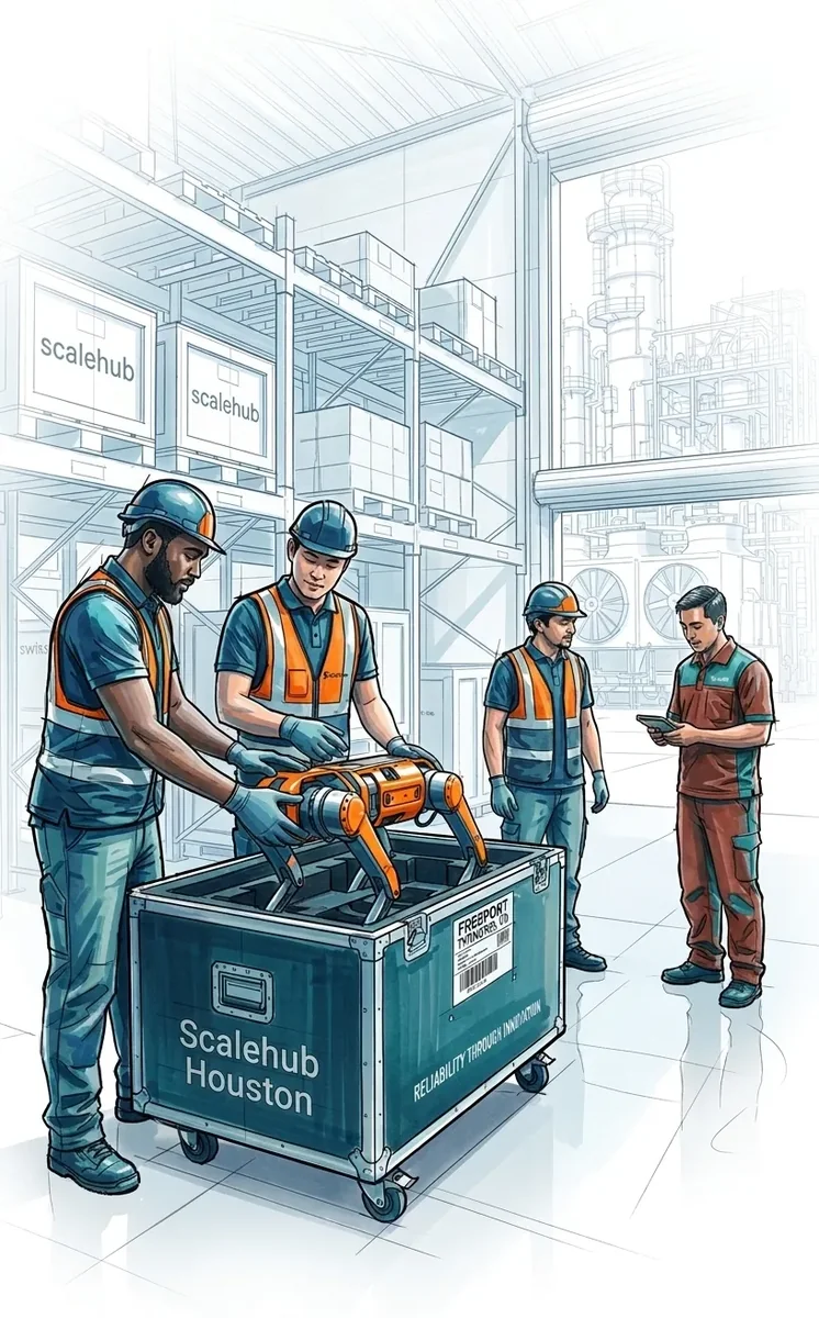 Team deploying an inspection robot from a Scalehub Houston case at an industrial site