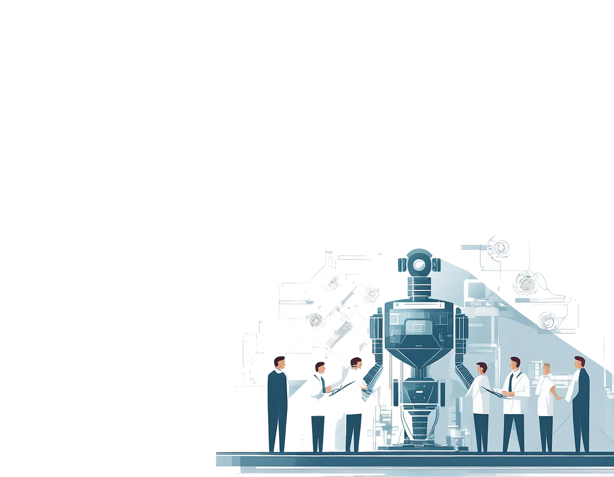 8scale GmbH robotics development team illustration showing engineers and researchers building industrial robot

---