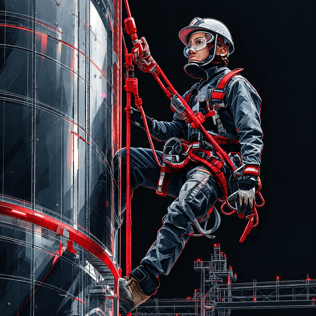 Rope access technician in a harness on the shell of a storage tank