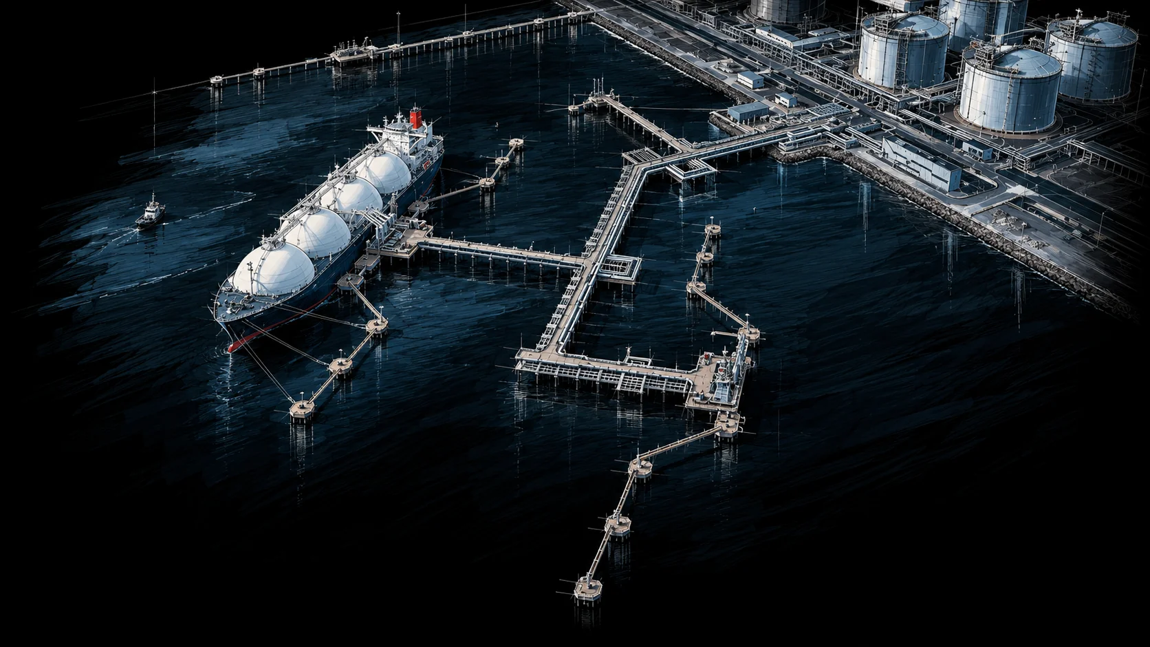 Watercolour of an LNG terminal with jetties and a carrier alongside