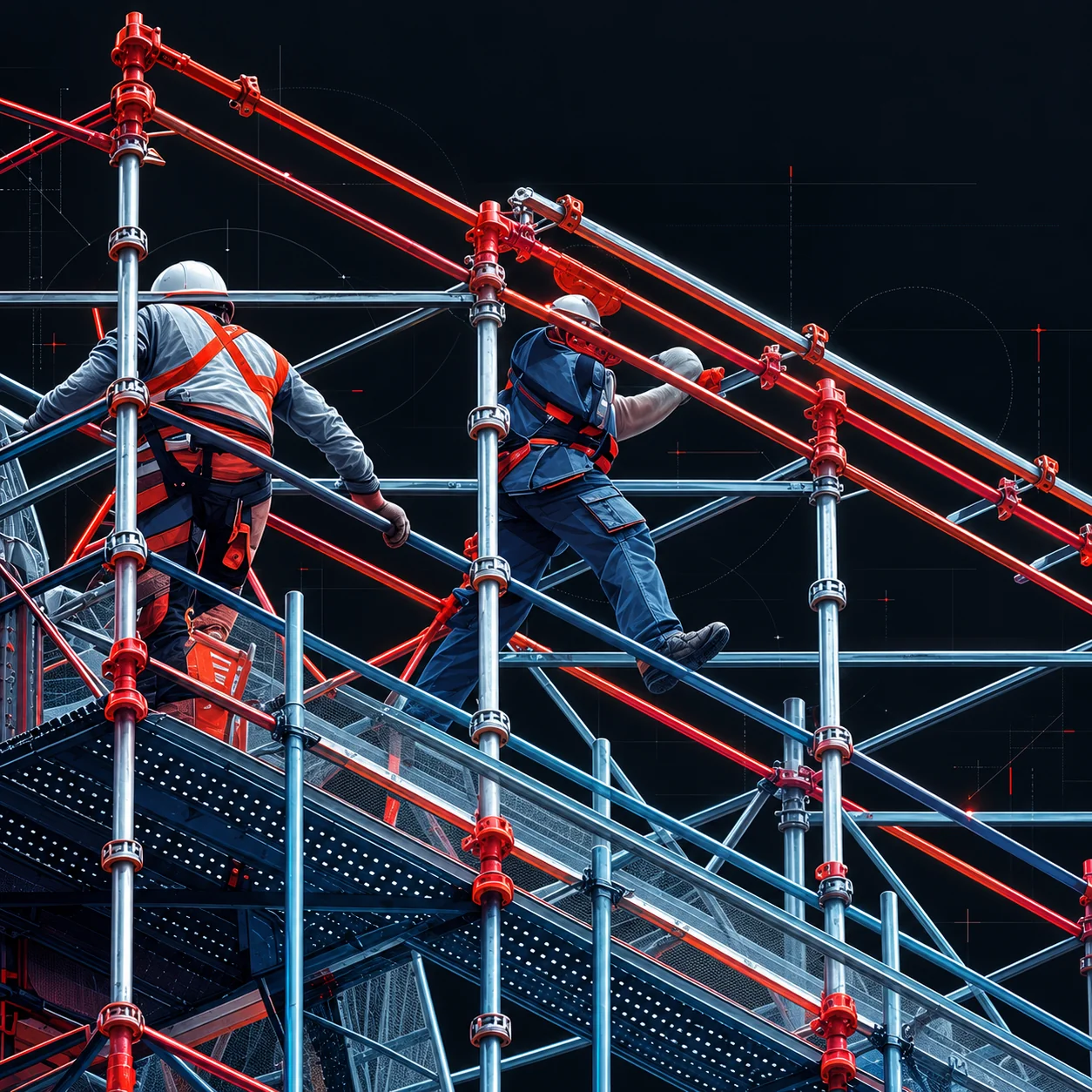 Scaffolders in fall-arrest harnesses climbing a red tube scaffold