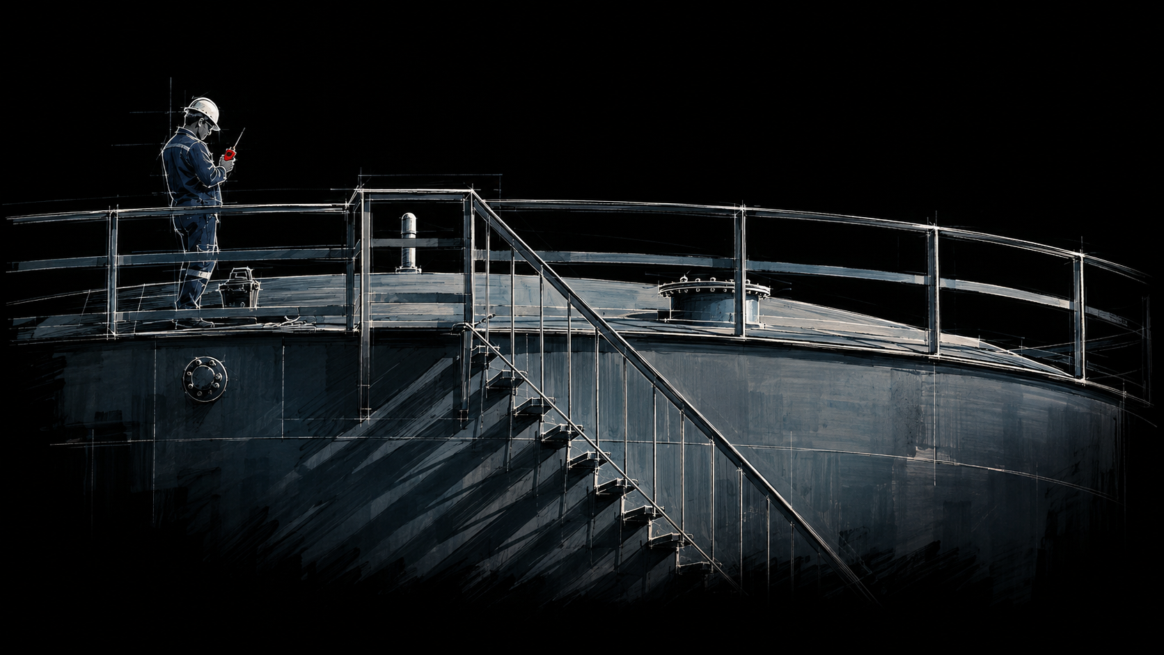 Operator on the roof of a storage tank, white ink on black