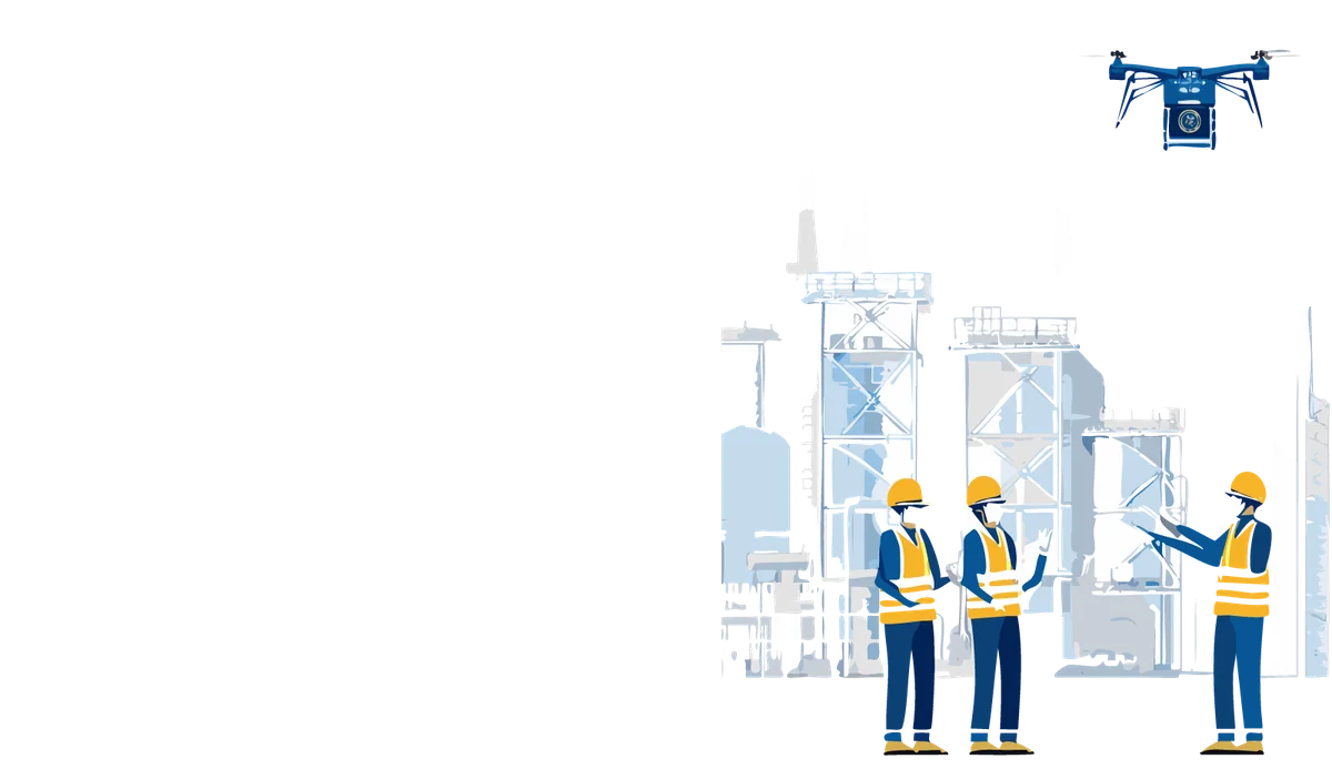 8scale industrial inspection drone and workers at refinery plant—robotics deployment in heavy industry