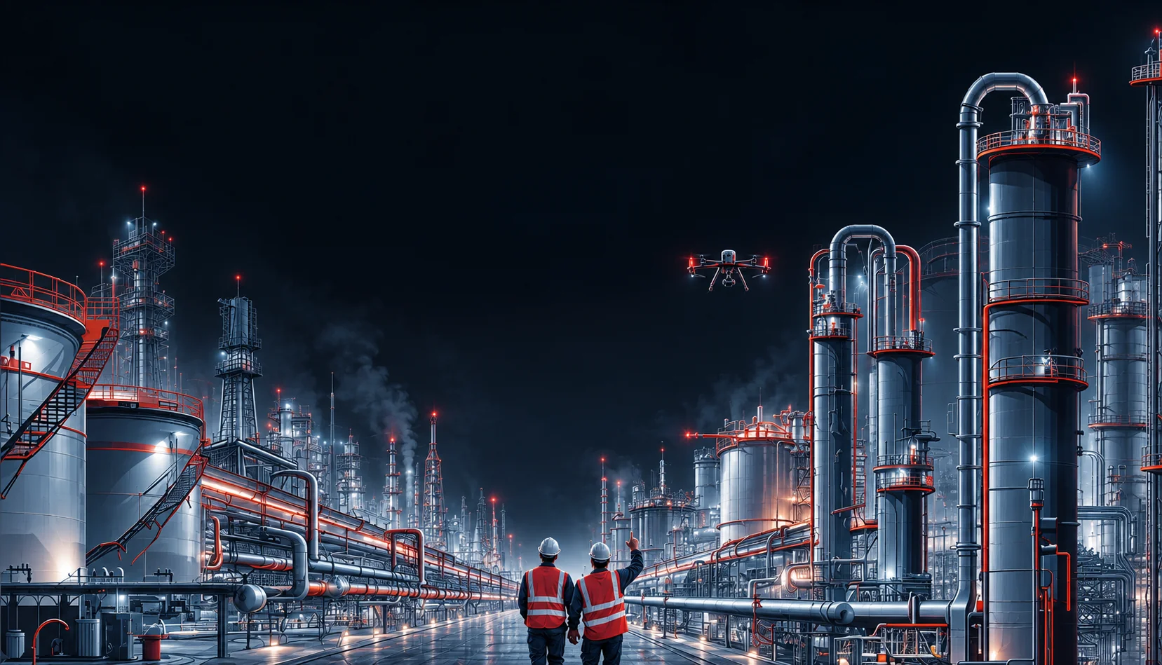 Two inspectors in high-visibility vests watch an inspection drone over a refinery at night