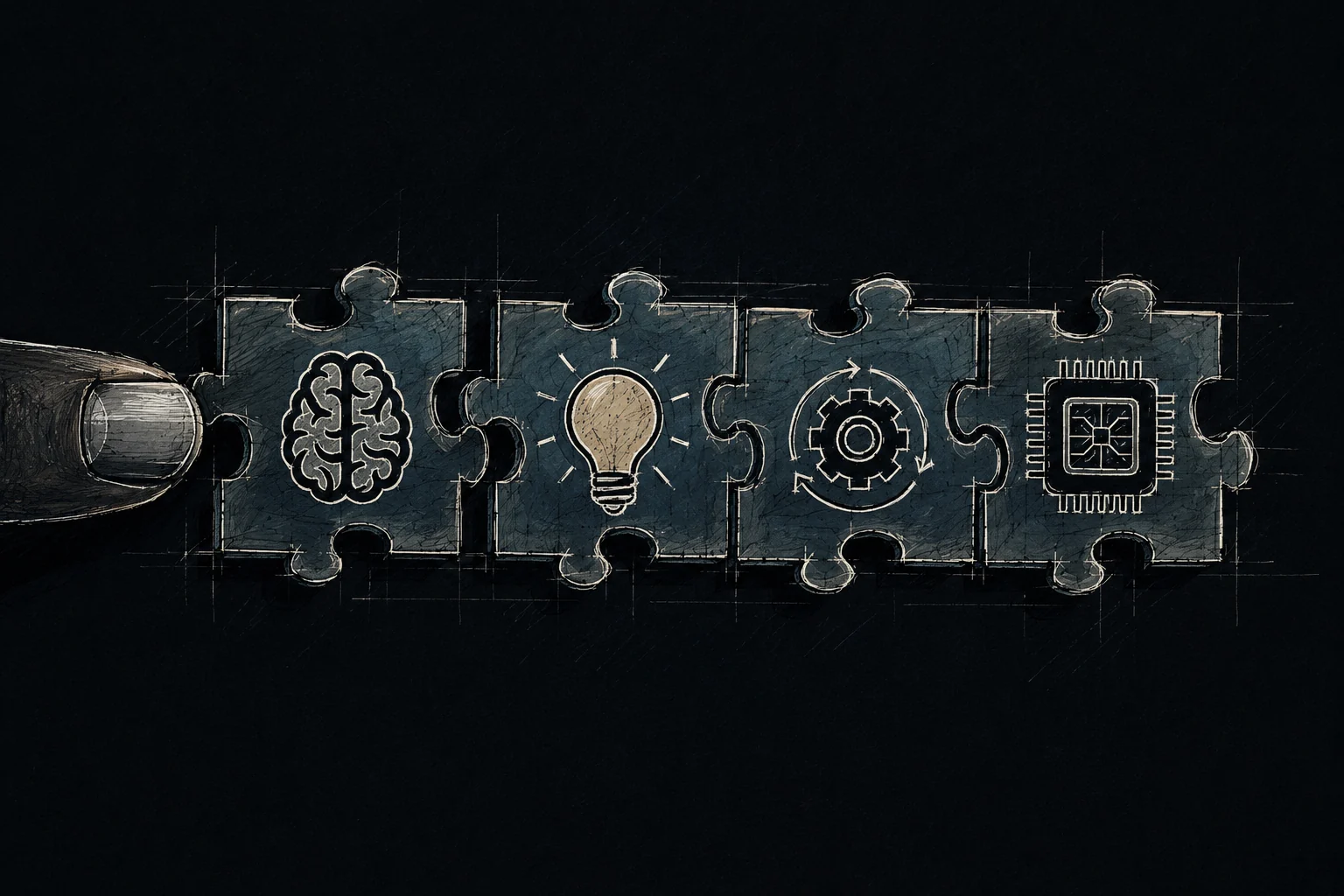 Sketch of a finger pushing a row of four puzzle pieces: a brain, a light bulb, a gear and a chip
