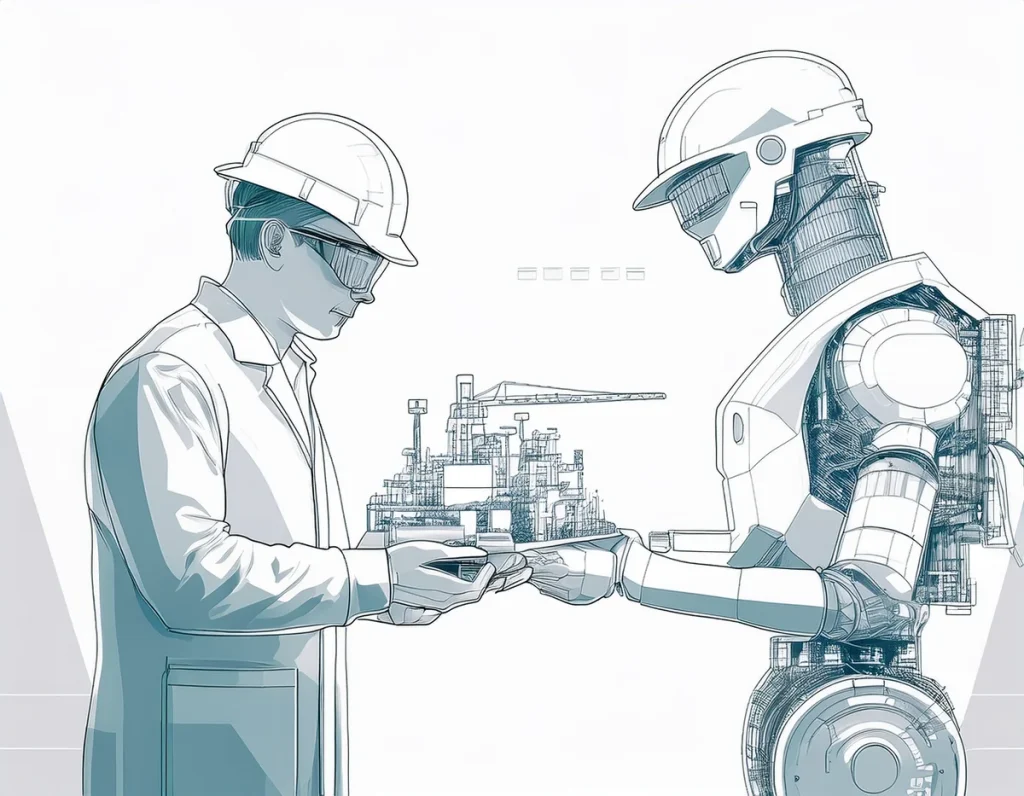 8scale illustration: field technician and inspection robot handshake at industrial facility