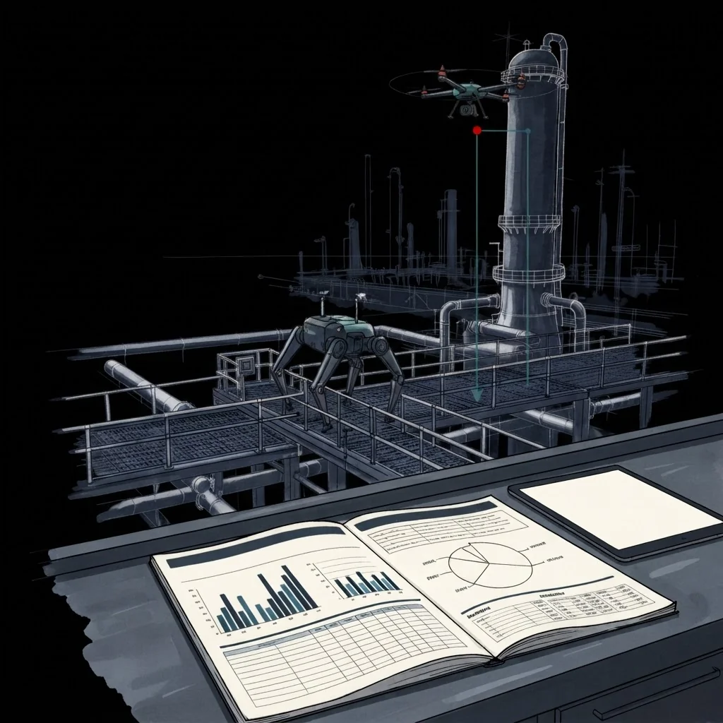 An open market report with bar charts on a workbench at a refinery, a quadruped robot and a drone behind it