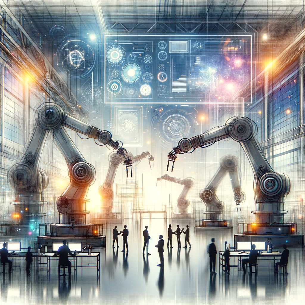 8scale futuristic industrial robotics facility with AI systems and human operators in manufacturing environment