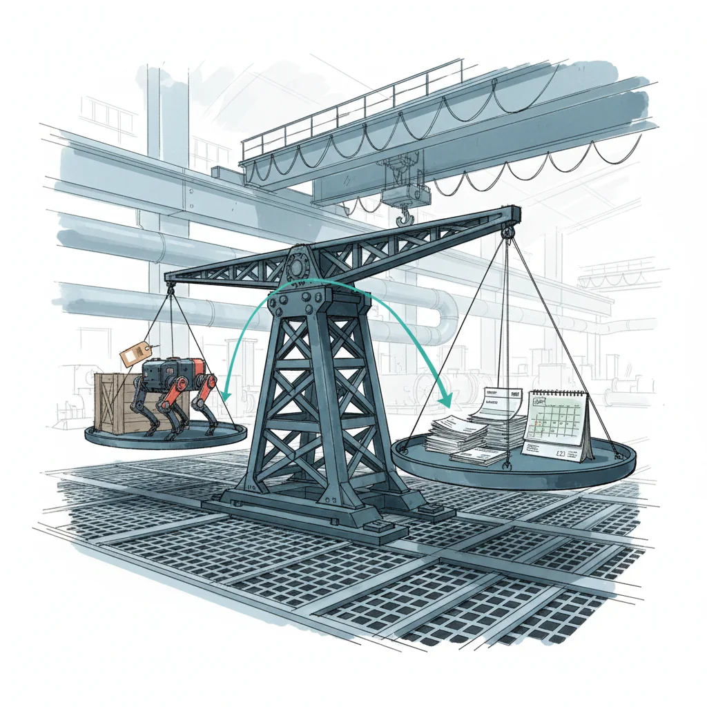A balance scale in an industrial hall weighing a crated inspection robot against a stack of monthly service invoices and a calendar