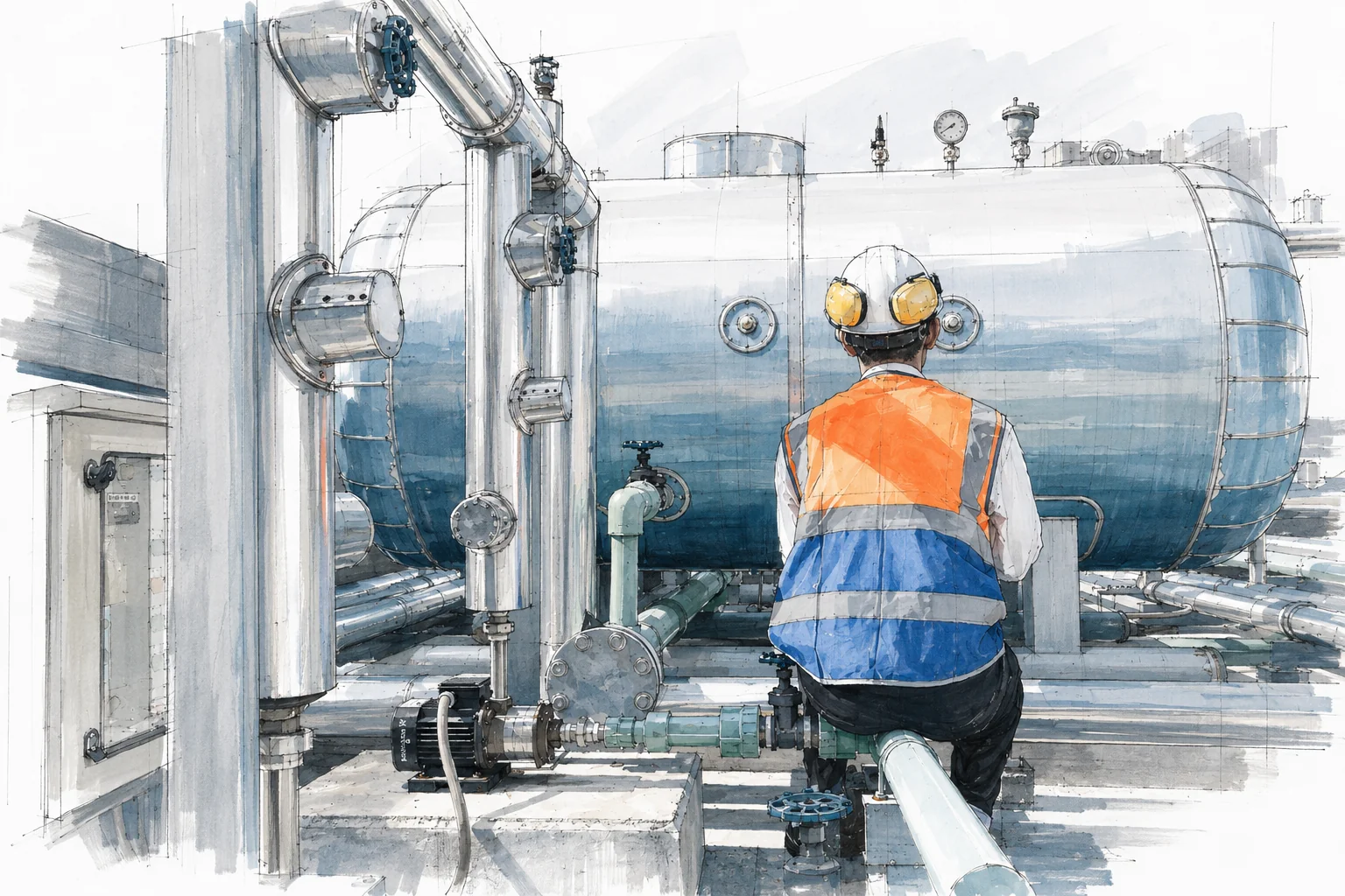 Technician in a hard hat inspecting a horizontal pressure vessel and its pipework