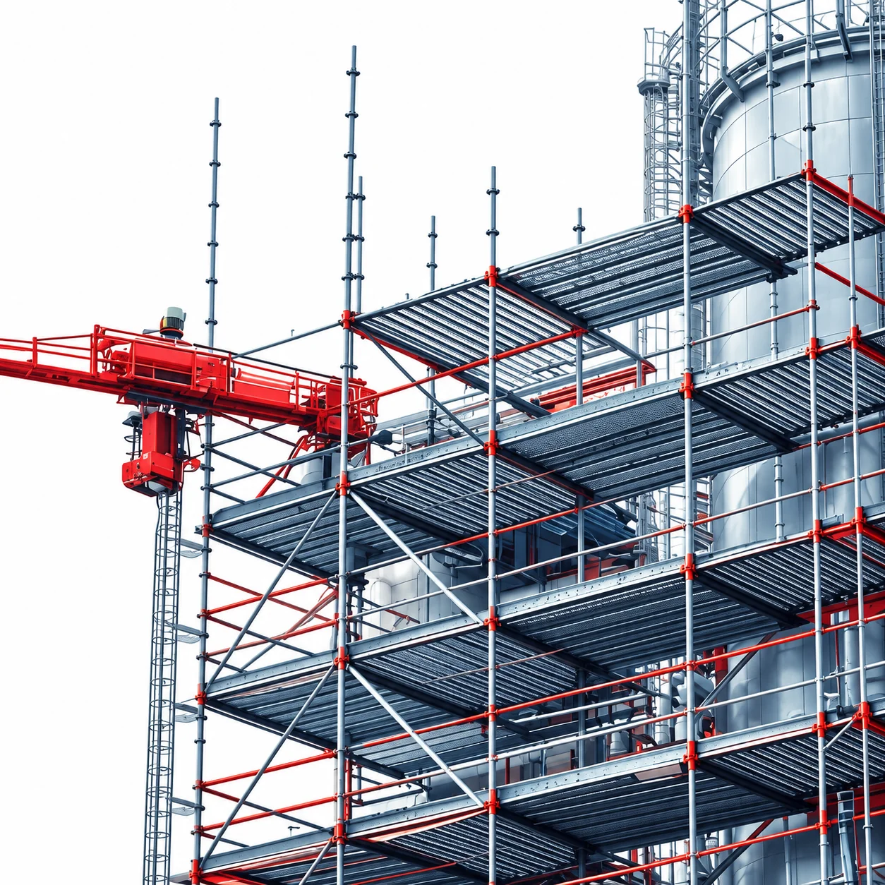 Multi-level scaffold with red guardrails around a storage silo, crane on the left