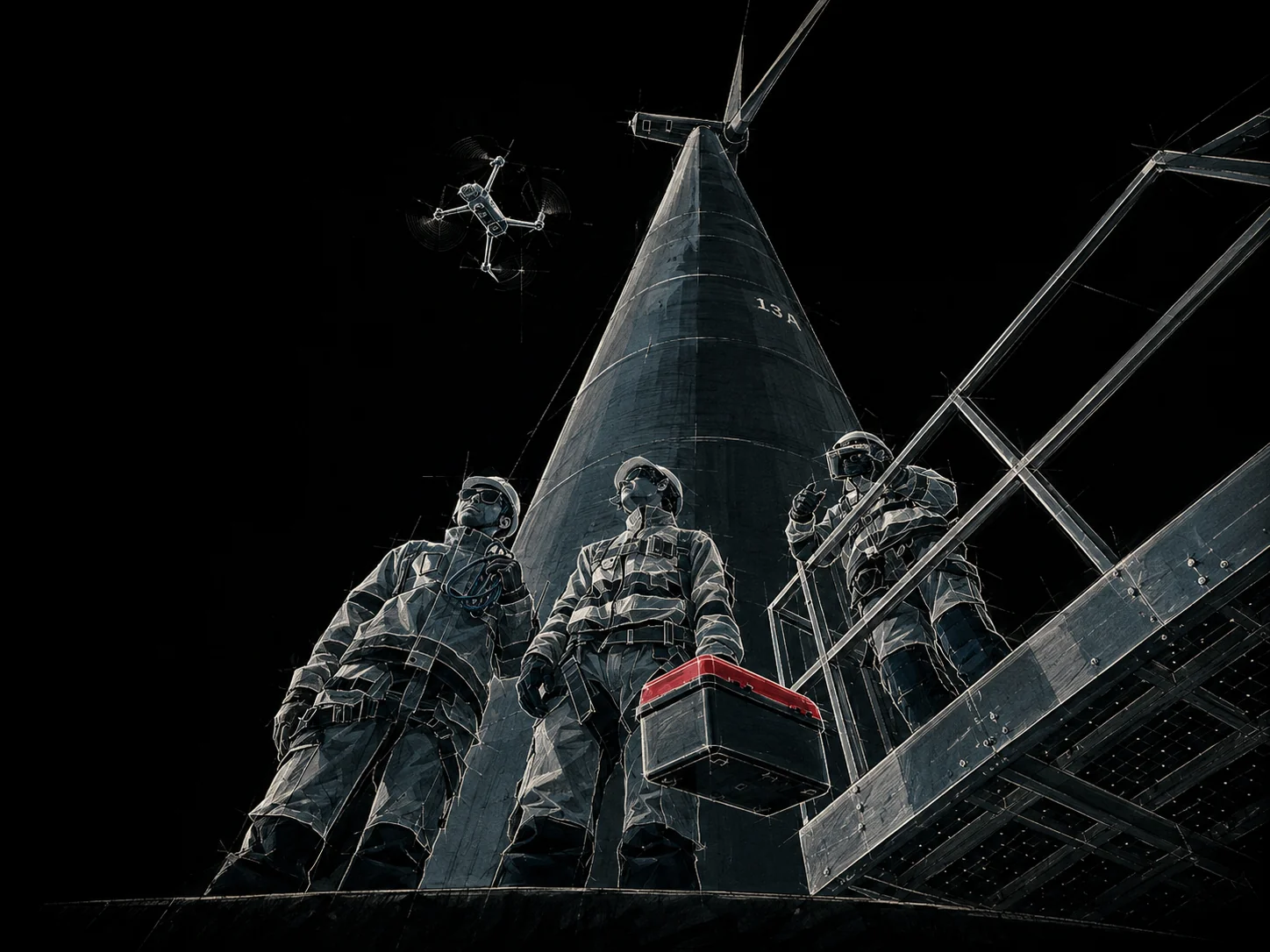 Watercolour of an inspection team with a drone at a flare stack